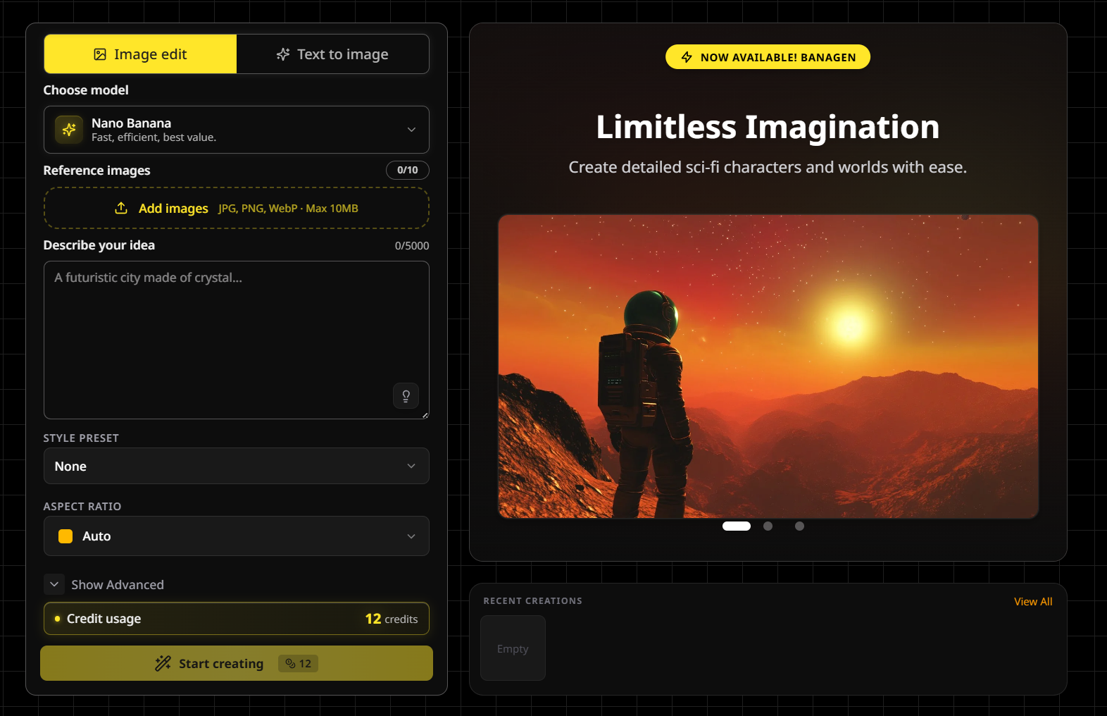 Screenshot of the BanaGen.com user interface showing the text-to-image dashboard with Nano Banana model selected.